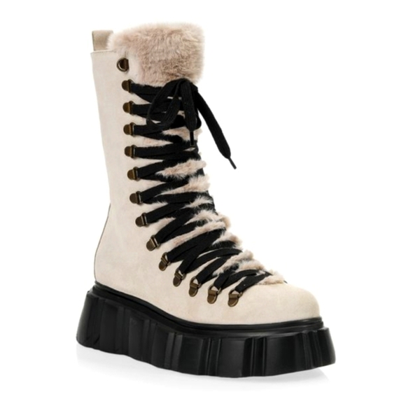 Browns B2 Tofino suede & faux fur platform moto combat boot cream Sz 10 EU 40 - Picture 1 of 16